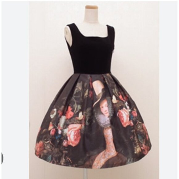 Juliette et Justine Dress Womens 1 Black Velvet Bodice Print Baroque Lolita - Picture 1 of 5